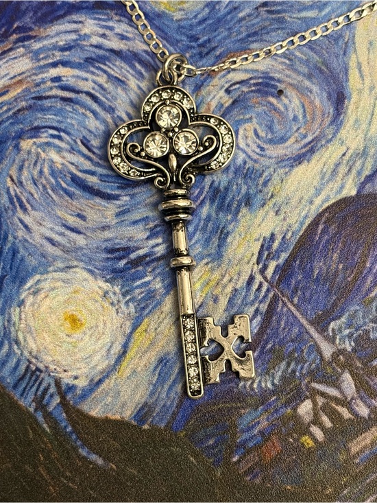 Handmade Jewelry - Silver Tone Crystal Key Pendant Necklace - Sparkling Key Charm